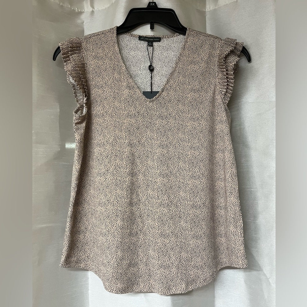 Adrianna Papell Beige Black Dotted Ruffle-Sleeve V-Neck Top